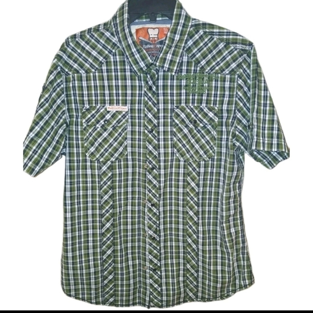 The Rolling Paper Company Green Plaid  Button Down Shirt Size: XL Short Sleeved